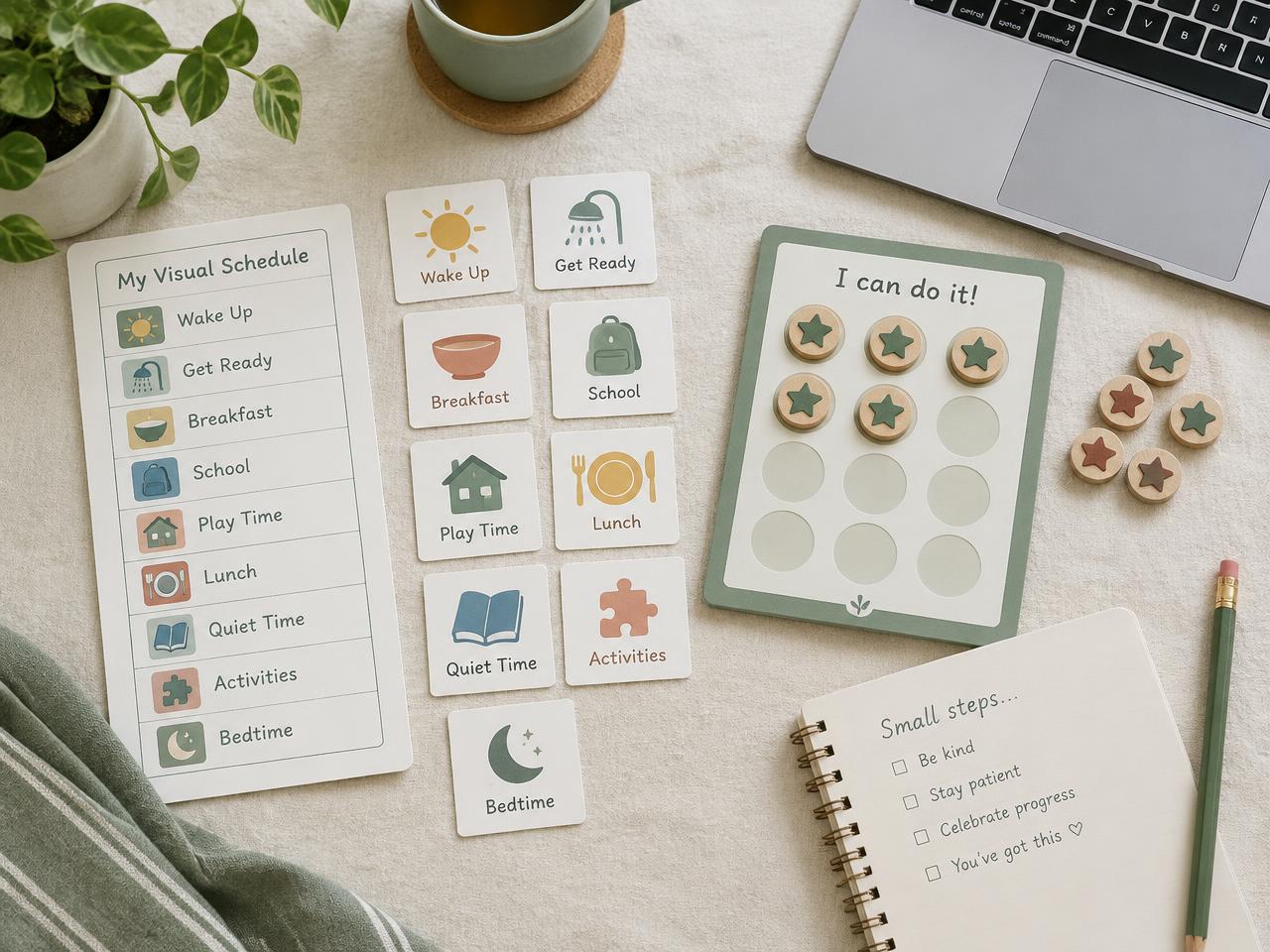 Printable visual schedule and token board